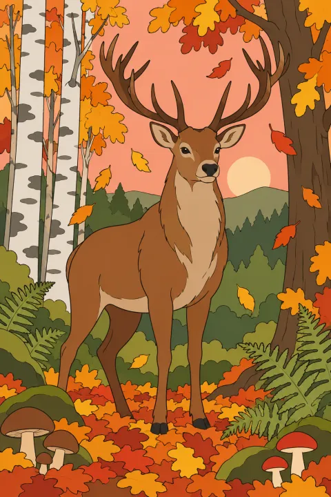 Coloriage cerf en forêt d’automne