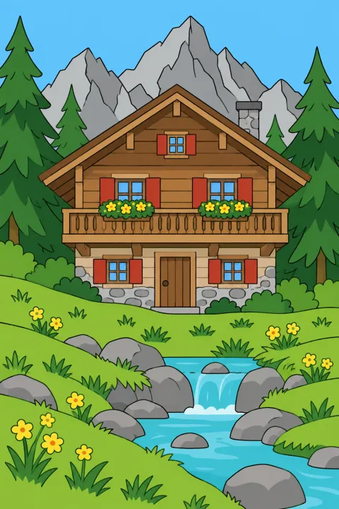 Résultat colorié : chalet en montagne