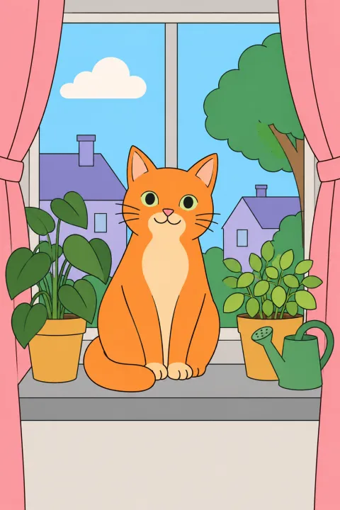 Résultat colorié : chat à la fenêtre