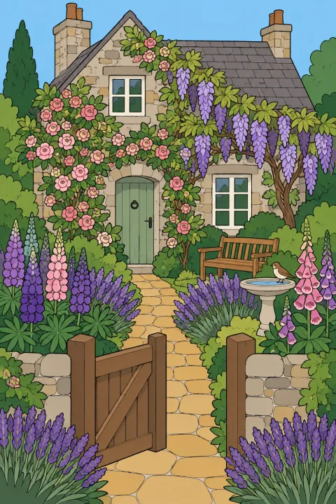 Coloriage jardin de cottage