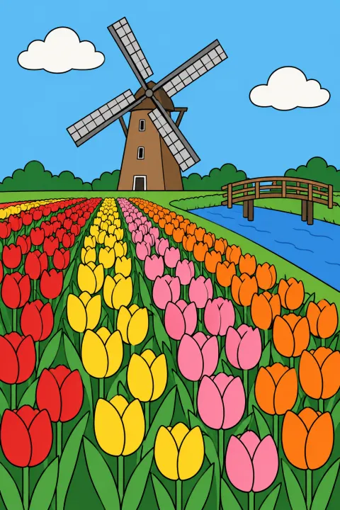 Résultat colorié : moulin et champ de tulipes