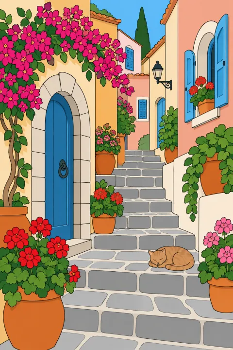 Coloriage ruelle fleurie