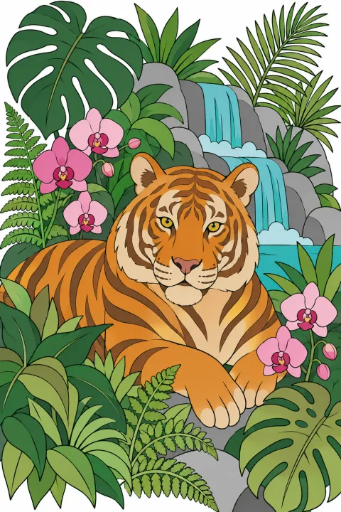Résultat colorié : tigre dans la jungle