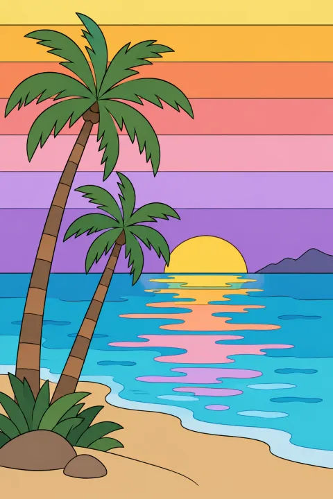 Résultat colorié : coucher de soleil sur la mer