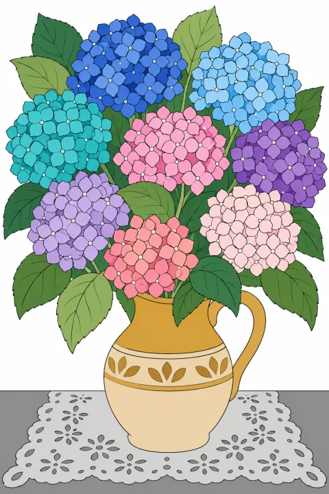 Résultat colorié : bouquet d’hortensias
