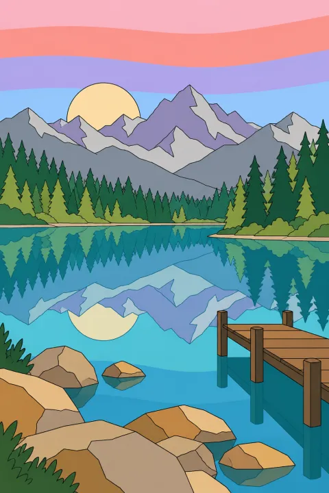 Résultat colorié : lac de montagne à l’aube