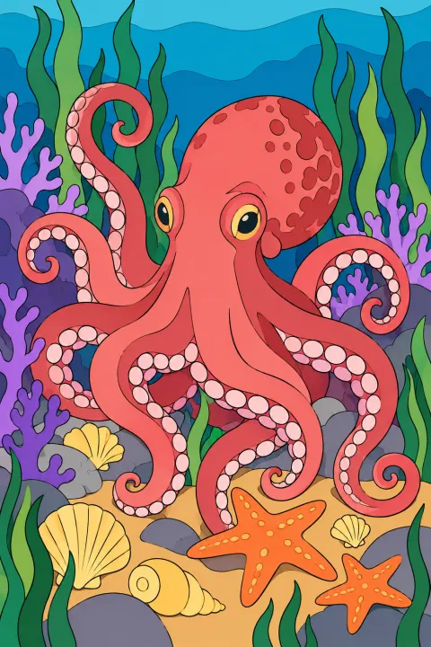 Résultat colorié : pieuvre et coraux