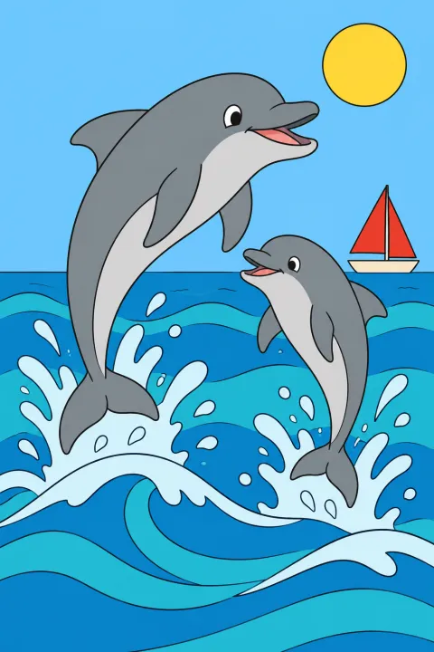 Résultat colorié : dauphins dans les vagues