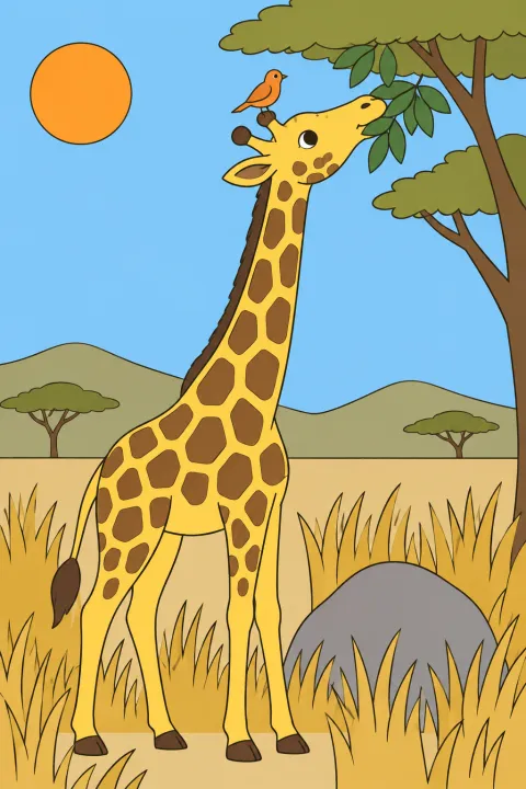 Résultat colorié : girafe dans la savane