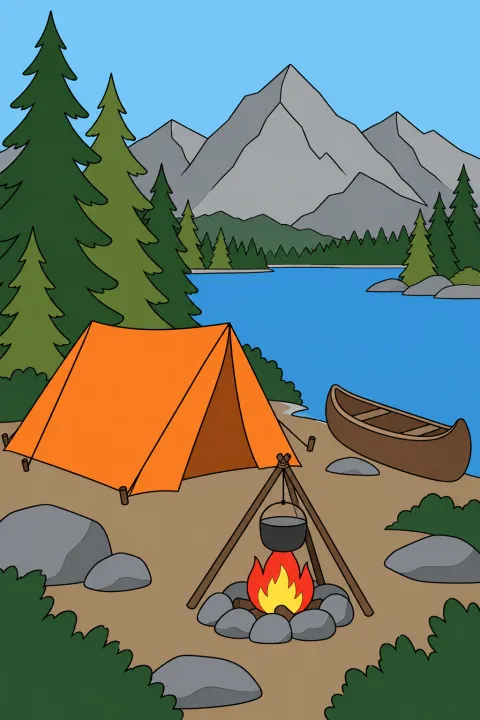 Coloriage camping au bord du lac