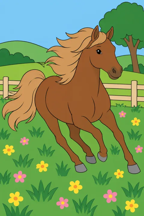 Résultat colorié : cheval dans la prairie