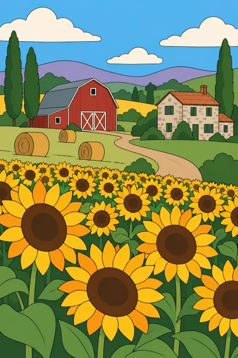 Coloriage ferme aux tournesols