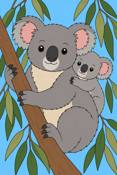 Résultat colorié : koala dans l’eucalyptus
