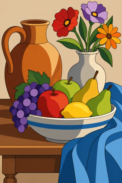 Résultat colorié : nature morte aux fruits