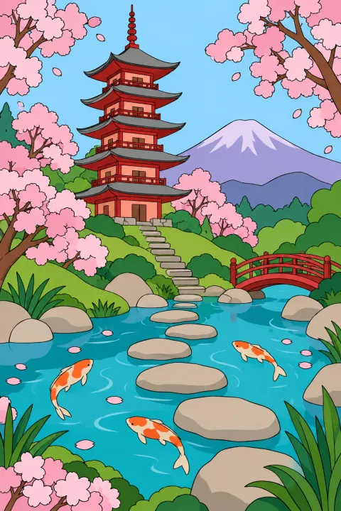 Coloriage pagode et cerisiers