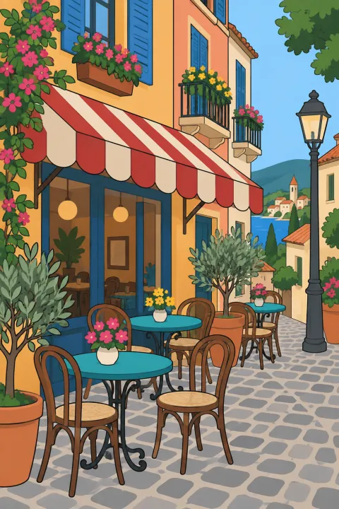 Résultat colorié : terrasse de café