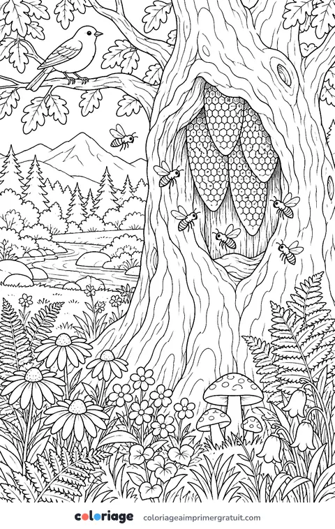 Coloriage essaim dans un arbre creux