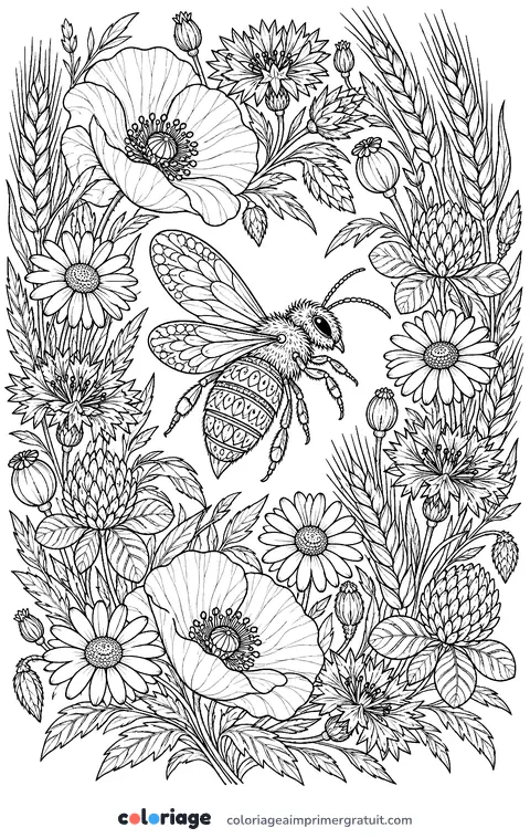 Coloriage abeille et couronne de fleurs