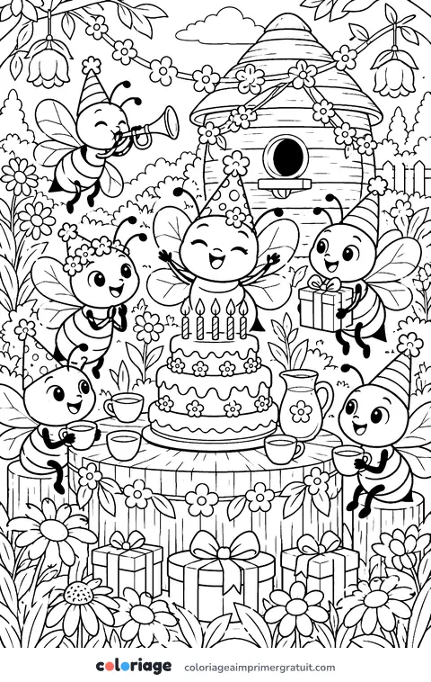 Coloriage fête devant la ruche