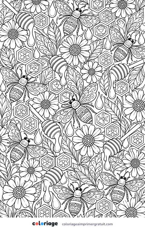 Coloriage motif d’abeilles et d’alvéoles