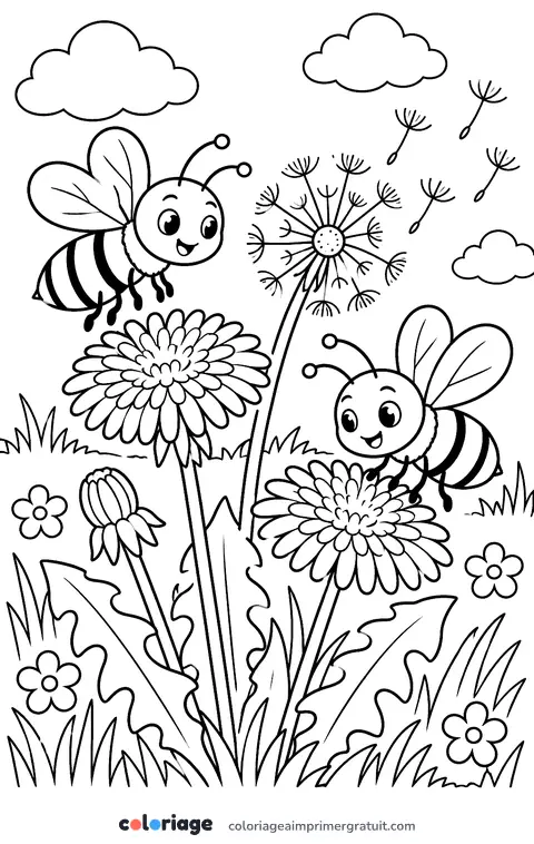 Coloriage abeilles dans les pissenlits