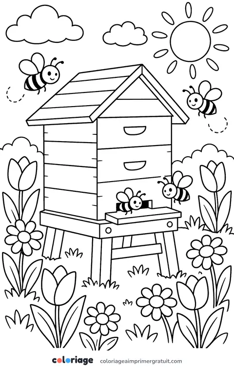 Coloriage ruche du jardin