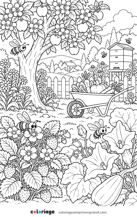 Coloriage abeilles au verger