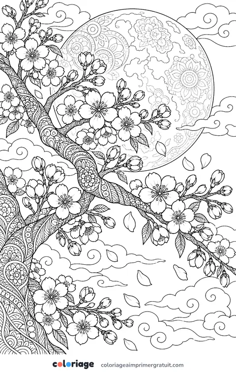 Coloriage cerisier sous la lune