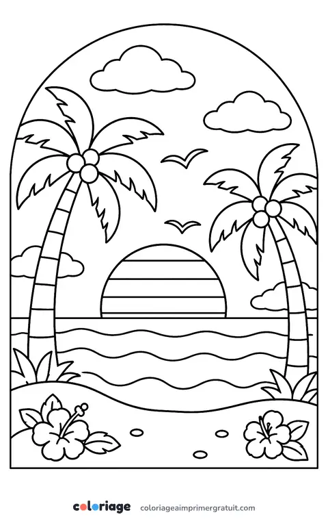 Coloriage coucher de soleil en arche