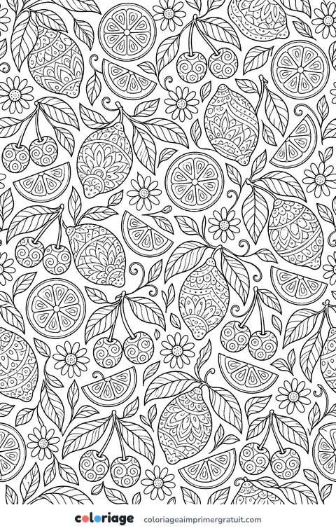 Coloriage motif citrons et fleurs