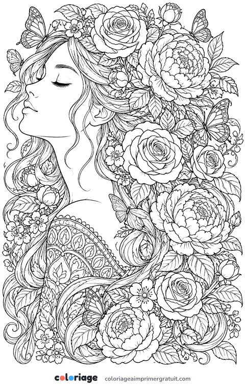 Coloriage profil fleuri