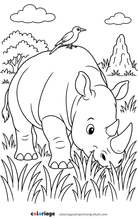Coloriage rhinocéros et pique-bœuf