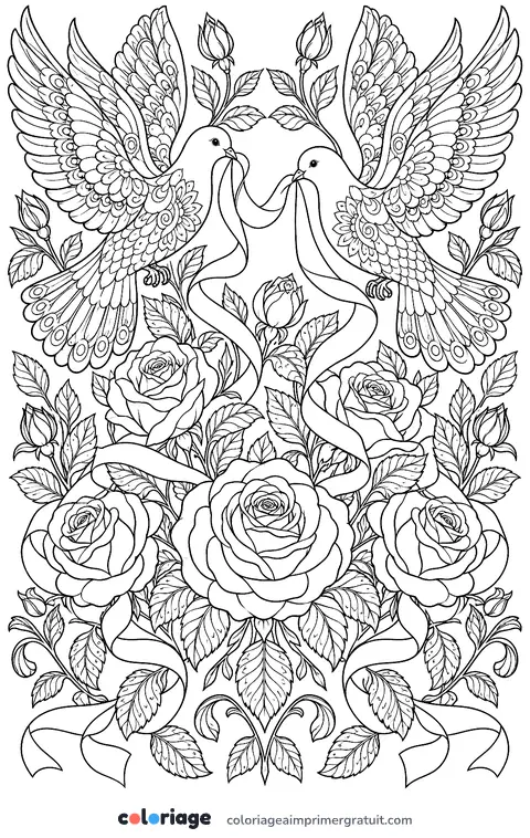 Coloriage colombes et roses