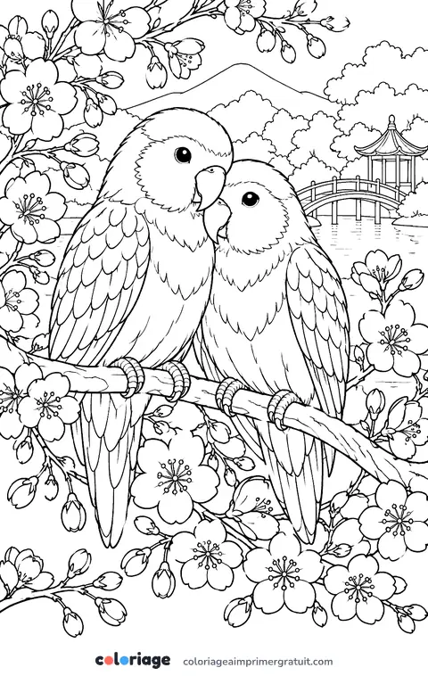 Coloriage inséparables dans le cerisier