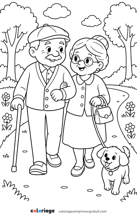 Coloriage papi et mamie en promenade