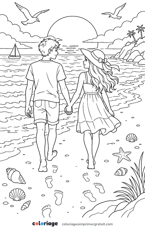 Coloriage balade au coucher du soleil
