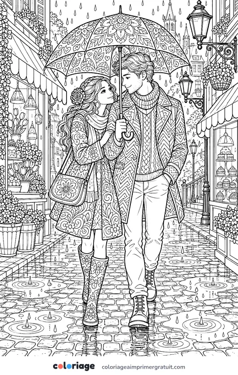 Coloriage amoureux sous la pluie
