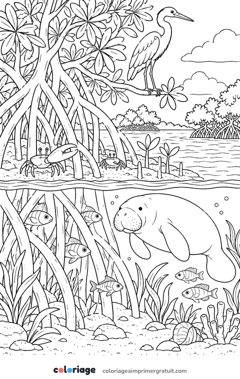 Coloriage sous les racines de la mangrove