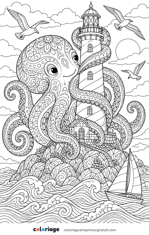 Coloriage poulpe géant et phare