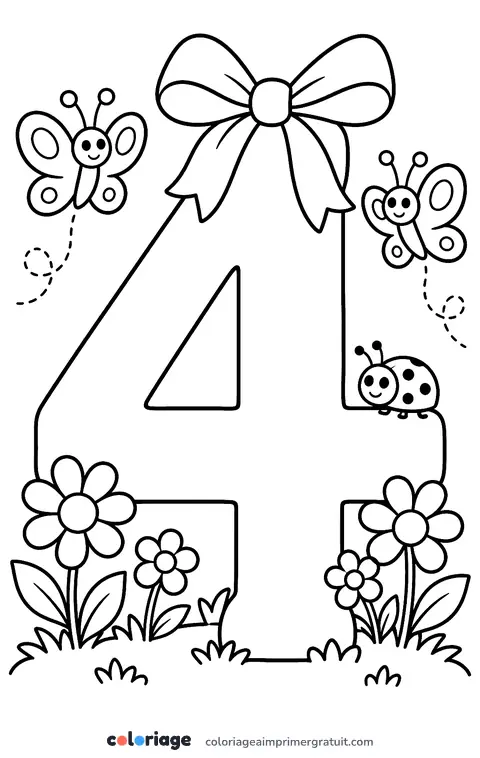 Coloriage grand chiffre 4 fleuri