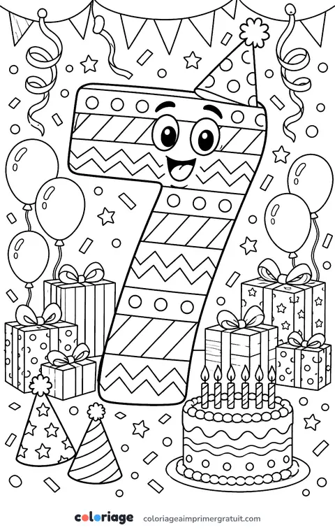 Coloriage chiffre 7 en fête