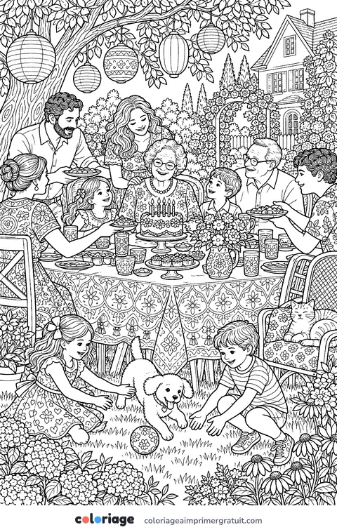 Coloriage anniversaire de mamie au jardin