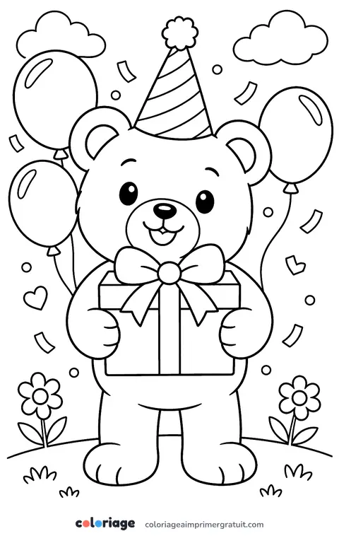 Coloriage ourson et son cadeau