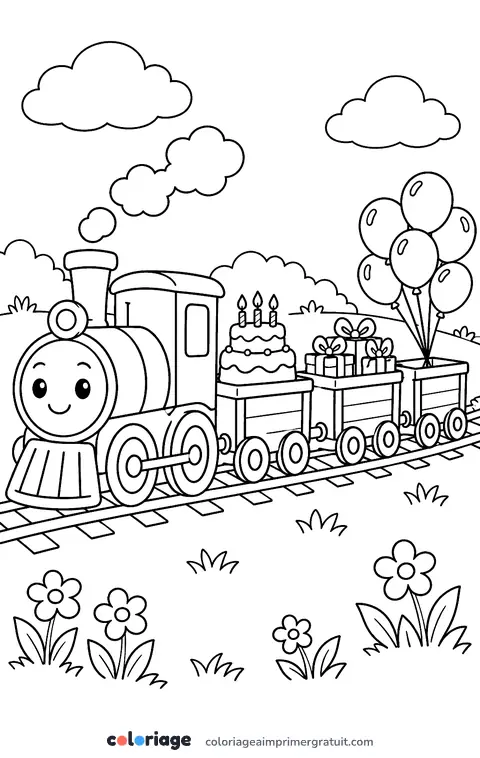 Coloriage train d’anniversaire