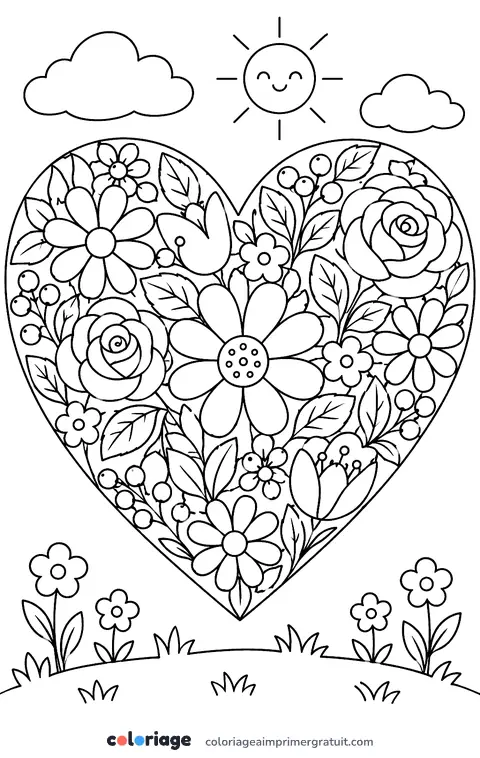 Coloriage cœur fleuri