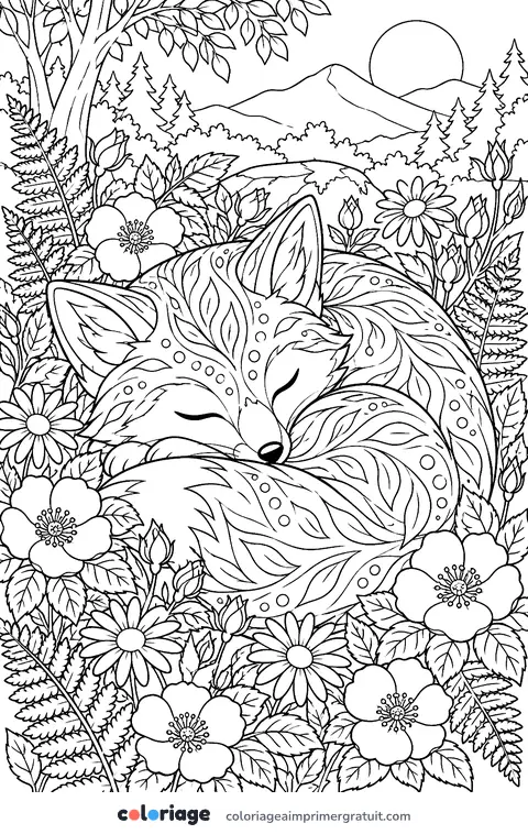 Coloriage renard endormi dans les fleurs