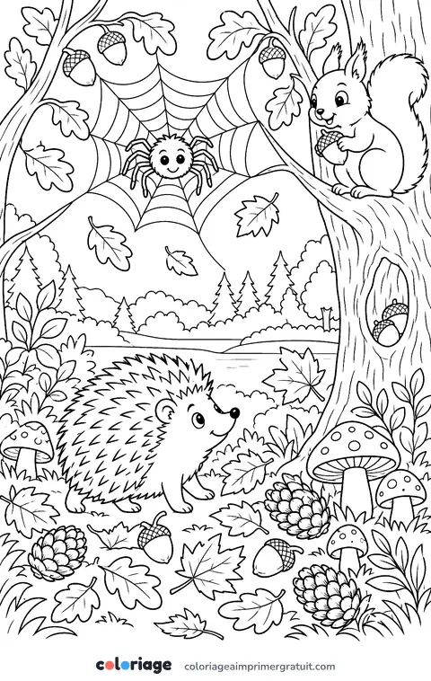 Coloriage toile dans la forêt d’automne