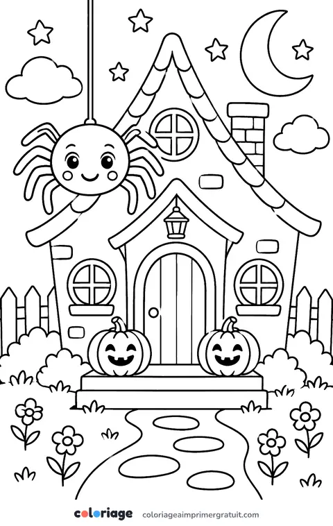 Coloriage araignée et la maison d’Halloween