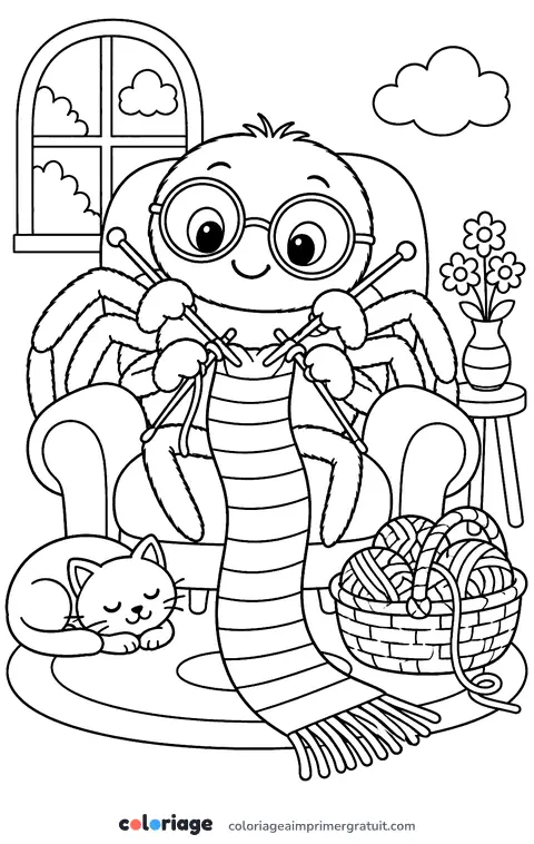 Coloriage araignée qui tricote