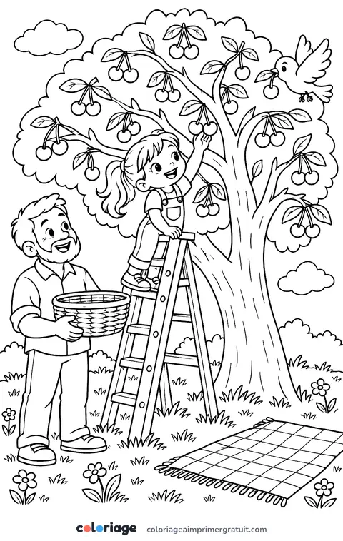 Coloriage cueillette des cerises